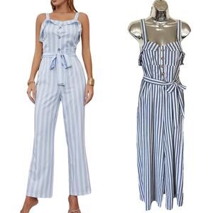 BLUSH J Striped Jumpsuit Blue White Chambray Sleeveless Belted Crop Medium EUC